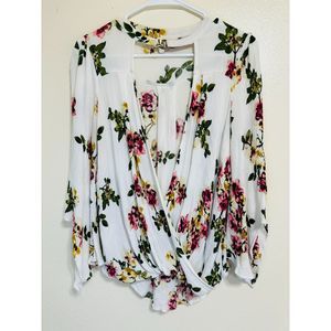 Oddy Women's Floral Wrap Blouse with Angel Sleeves and O Ring Collar Detail Sz S